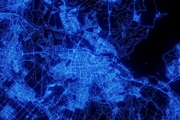 Street map of Amsterdam (Netherlands) made with blue illumination and glow effect. Top view on roads network