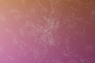 Map of the streets of Chisinau (Moldova) made with white lines on pinkish red gradient background. Top view. 3d render, illustration