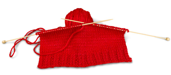Red knitting thread and spokes isolated on white background