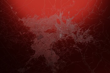 Street map of La Paz (Bolivia) engraved on red metal background. Light is coming from top. 3d render, illustration