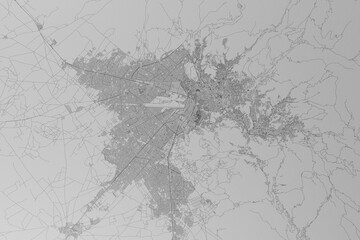 Map of the streets of La Paz (Bolivia) made with black lines on grey paper. Top view. 3d render, illustration