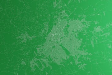 Map of the streets of Santa Cruz De La Sierra (Bolivia) made with white lines on green paper. Rough background. 3d render, illustration