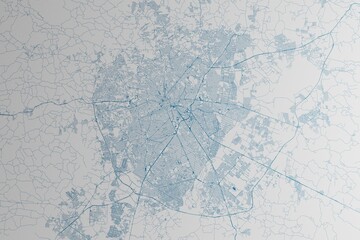 Map of the streets of Curitiba (Brazil) made with blue lines on white paper. 3d render, illustration