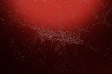 Street map of Cusco (Peru) engraved on red metal background. Light is coming from top. 3d render, illustration