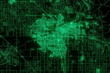 Fototapeta na wymiar Map of the streets of Bakersfield (California, USA) made with green illumination and glow effect. Top view on roads network. 3d render, illustration