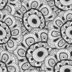 Abstract vector hand drawn flower seamless background. Black and white floral illustration.