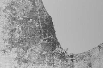 Map of the streets of Chicago (Illinois, USA) made with black lines on grey paper. Top view. 3d render, illustration