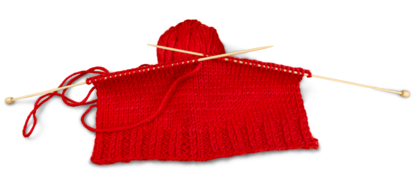Red knitting thread and spokes isolated on white background
