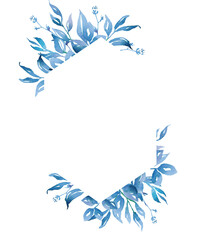 Fototapeta na wymiar Blue leaves frame. Watercolor clipart
