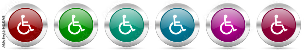 Fototapete wheelchair silver metallic vector icon set, round glossy buttons with chrome border for web design