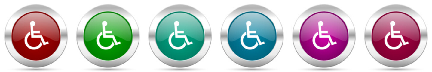Wheelchair silver metallic vector icon set, round glossy buttons with chrome border for web design