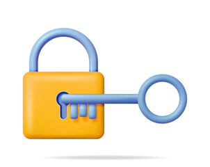 3D Yellow Padlock with Key Isolated on White. Render Pad Lock Icon with Keyhole. Concept of Security, Protection and Confidentiality. Safety, Encryption and Privacy. Vector Illustration