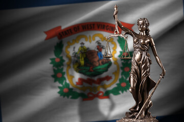 Fototapeta premium West Virginia US state flag with statue of lady justice and judicial scales in dark room. Concept of judgement and punishment