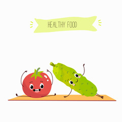 Vector illustration of funny cartoon character of cucumber and tomato doing exercises, yoga, stretching, healthy food, ingredients, kids t-shirt design.