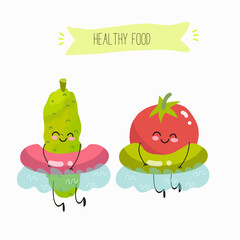Vector illustration of funny cartoon character of cucumber and tomato swimming in inflatable circles, healthy food, ingredients, kids t-shirt design.