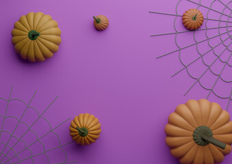 Bright purple, violet 3D illustration autumn fall Halloween themed product display podium stand background or wallpaper with pumpkins and spiderwebs photography horizontal flat lay top view from above