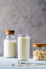 Sunflower milk in a glass and bottle, raw seeds on concrete grey background. 