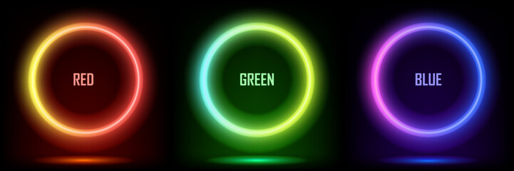 Futuristic style, Set of blue, red-purple, green illuminate frame design. Abstract vibrant color circle backdrop. Collection of glowing neon lighting on dark background with space.