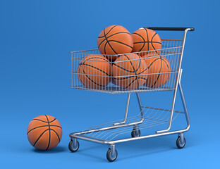 Set of ball like basketball, football and golf in shopping cart on blue