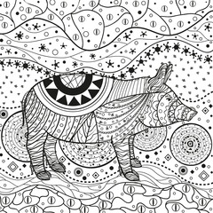 Fototapeta premium Abstract eastern pattern. Ornate square wallpaper with pig. Hand drawn waved ornaments on white. Intricate patterns on isolated background. Design for spiritual relaxation for adults. Line art