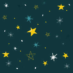 Pattern on a dark blue background yellow stars, snowflakes. Abstraction. Flat.