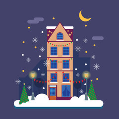 Christmas urban winter landscape in a flat style on a blue background. Landscape, nature, house, lanterns, Christmas trees, snowflakes, vector illustration. night city.
