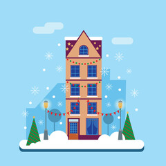 Christmas urban winter landscape in a flat style on a blue background. Landscape, nature, house, lanterns, Christmas trees, snowflakes, vector illustration. 