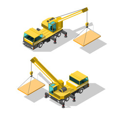 Set Isometric 3D Transport Car Vehicle Lifting Crane Lifts A Load Element Working Technique Construction Vector Design Style