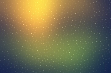 Summer dawn outside background decorated shimmering bokeh. Yellow diffused shine on green toned blur backdrop. Magical nature defocus illustration.