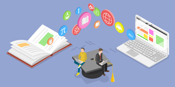 3D Isometric Flat Vector Conceptual Illustration of E-learning, Modern Online Education