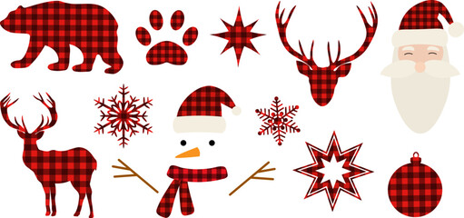 Set Christmas elements buffalo plaid vector illustration