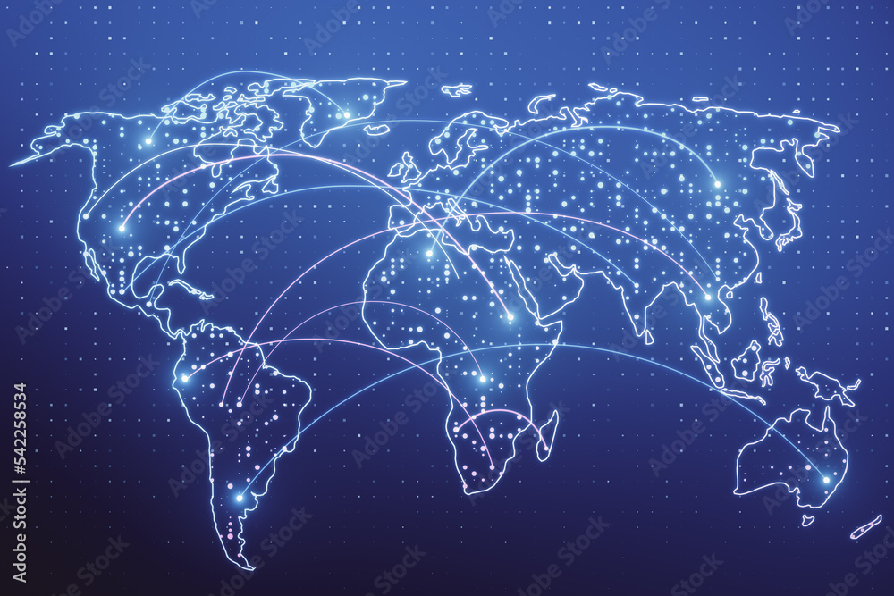 Poster Abstract glowing map hologram on blue background. Digital world, network and technology concept. 3D Rendering.