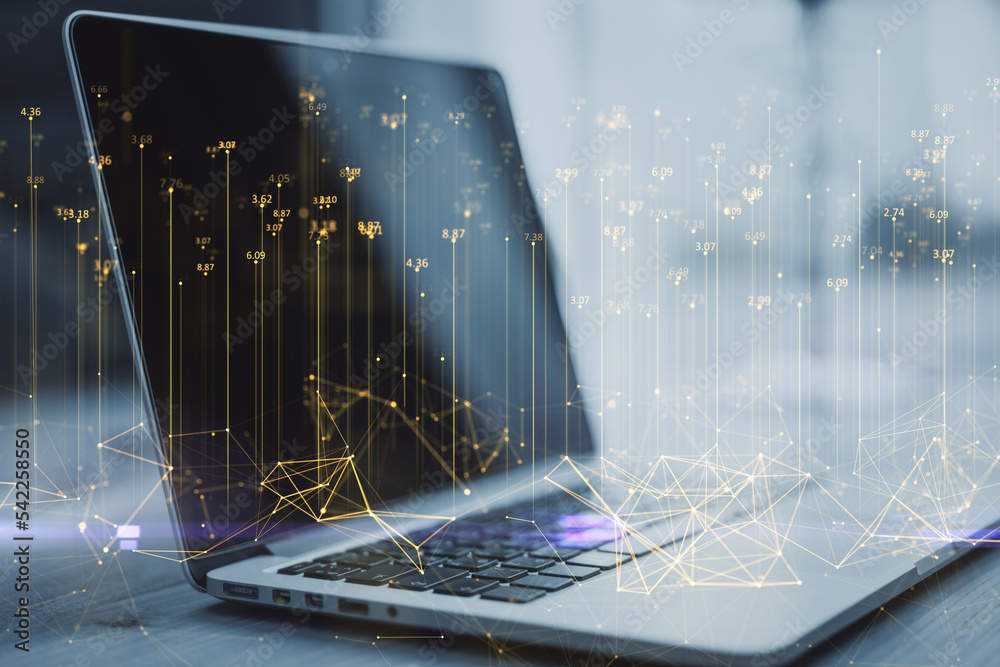 Aufkleber Big data and stats concept with digital graphic abstract indicators in form of glowing yellow lines with numbers on modern laptop background, double exposure