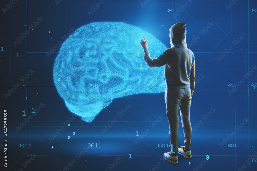 Poster Abstract image of hacker with blue brain hologram on blurry background. Neurology, data hacking, theft, anatomy, ai and machine learning concept.