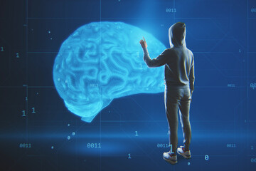 Abstract image of hacker with blue brain hologram on blurry background. Neurology, data hacking,...
