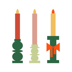 Vector flat illustration of candles with bow on isolated background. Christmas holiday concept