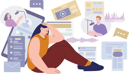 Fototapeta premium Chaos in lifestyle. Mental disorder and social media addiction. Breaking news, info noise frustrating young flat cartoon vector girl