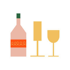 Wine bottle and glass. Holiday and celebration concept. Christmas vector flat illustration with champagne on isolated background