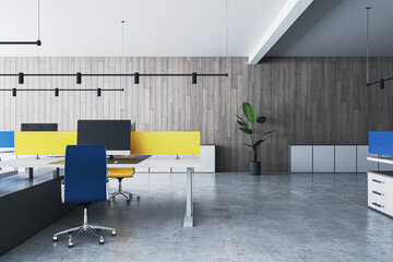 Modern coworking office interior with partitions and daylight. 3D Rendering.