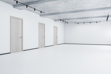 Modern spacious white concrete gallery interior with doors. 3D Rendering.