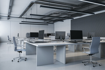 Fototapeta na wymiar Modern concrete coworking office interior with furniture and equipment. 3D Rendering.