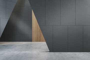 Contemporary dark concrete tile wall in simple interior. Design and minimalism concept. 3D Rendering.