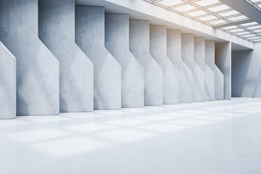 Creative concrete gallery interior with sunlight and shadows. 3D Rendering.