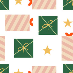 Christmas seamless pattern with holiday gift boxes and stars. Holiday vector background
