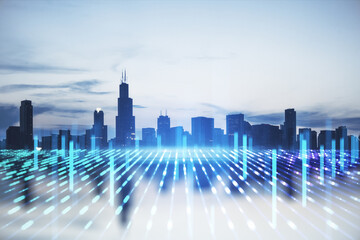 Glowing city skyline with abstract metaverse backdrop. Digital future and cyberpunk concept. Double exposure.