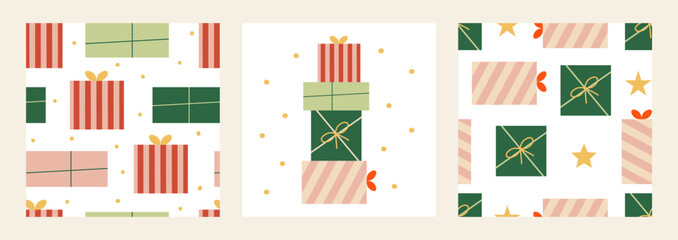 Set of illustration and patterns with holiday gift boxes. Christmas vector backgrounds