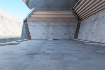 Sunlit space area with stone tiles walls and floor, wooden ceiling and blue sky on background and...