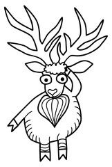 Rough hand-drawn simple outline black and white icon of christmas Reindeer with big antlers. Winter holiday vector doodle isolated on transparent background. Illustration for kids coloring page