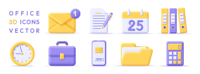 3d set office, business, finance, education icons. Render office symbol for desktop. 3d vector cartoon minimal illustration