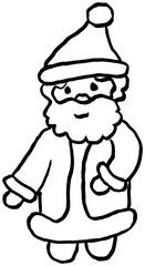 Rough hand-drawn simple outline black and white icon of cute smiling Santa Claus. Winter holiday vector doodle isolated on transparent background. Illustration for kids coloring page